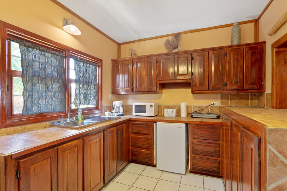 A kitchen with dark wooden cabinets, light-colored countertops, a sink under a window, and a mini-fridge and microwave.