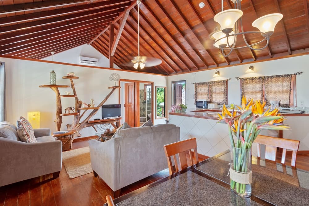 An open-concept living area with a high wooden ceiling, a dining table in the foreground, and a living room with sofas and a unique tree-like structure.