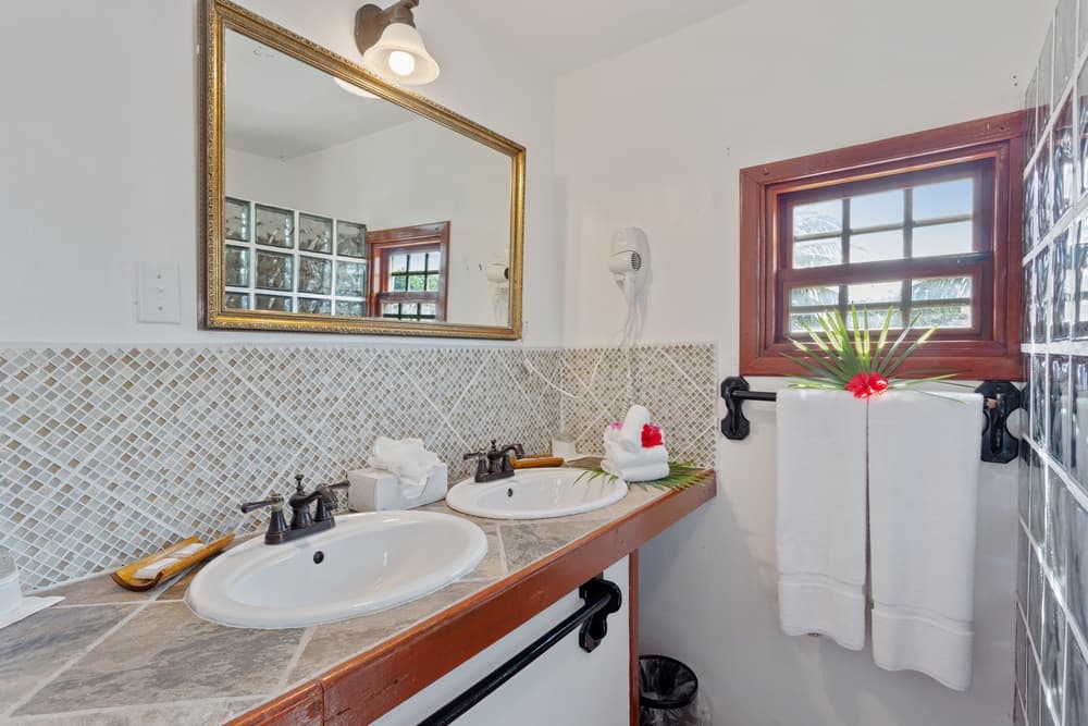 A well-lit bathroom with a double sink vanity, a large mirror, and clean white towels. The room has light-colored walls and a window.