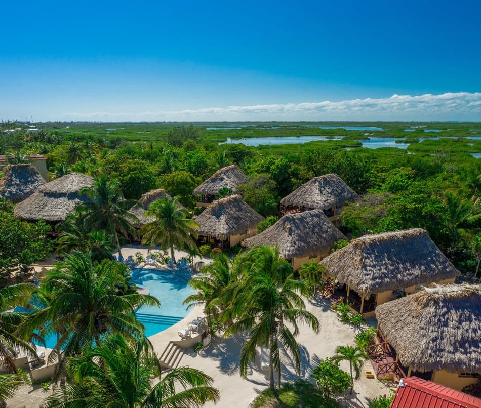 Aerial view of a tropical resort with thatched-roof huts surrounding a pool and lush greenery.
