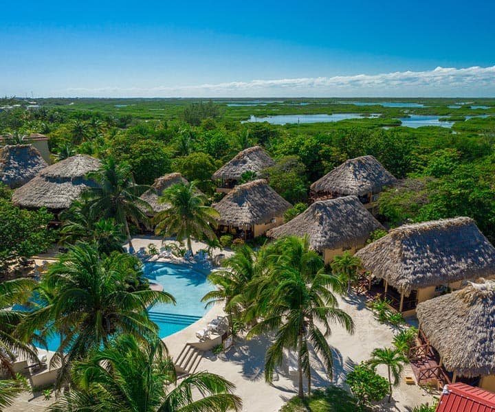 Aerial view of a tropical resort featuring thatched-roof cottages, a swimming pool, and lush greenery.