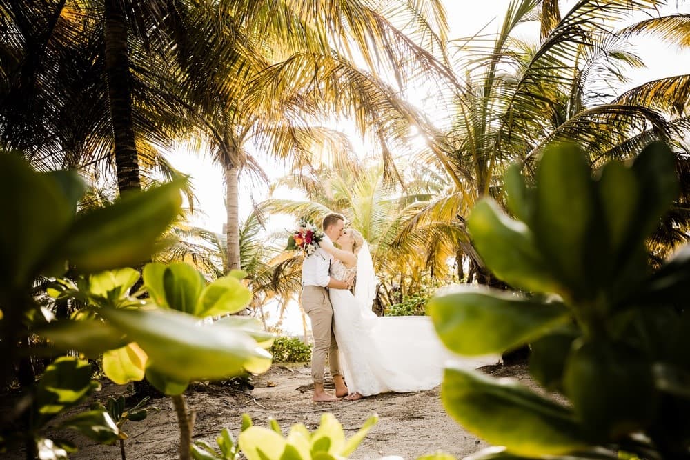 A newlywed couple embraces amidst tropical palms during their beach wedding.