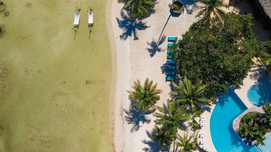 Aerial view of a sandy beach with palm trees and a pool area.