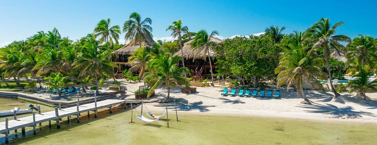 Tropical beach scene with palm trees, a thatched-roof building, and lounge chairs on the sand. A hammock hangs above clear, shallow water.