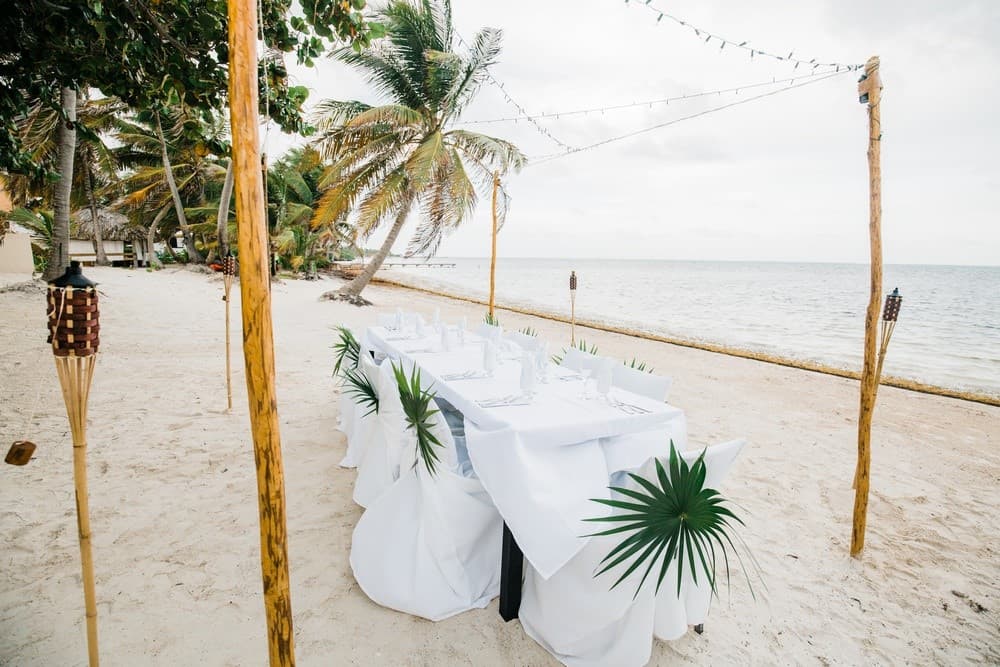A beachside dining table is set with white linens and surrounded by palm trees.